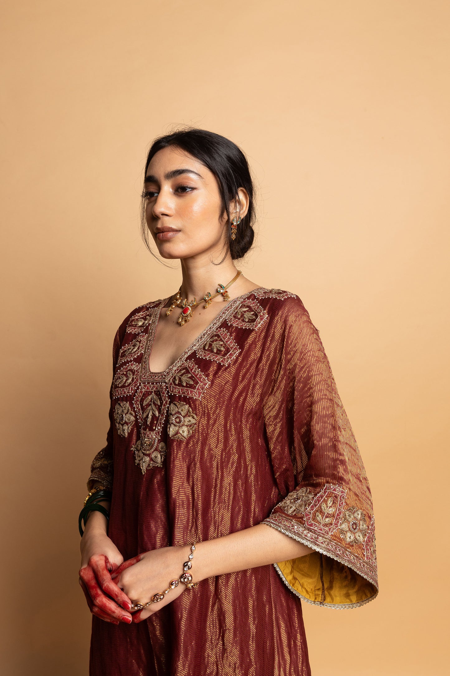 Shama-e-Awadh embroidered kaftan set- Maroon