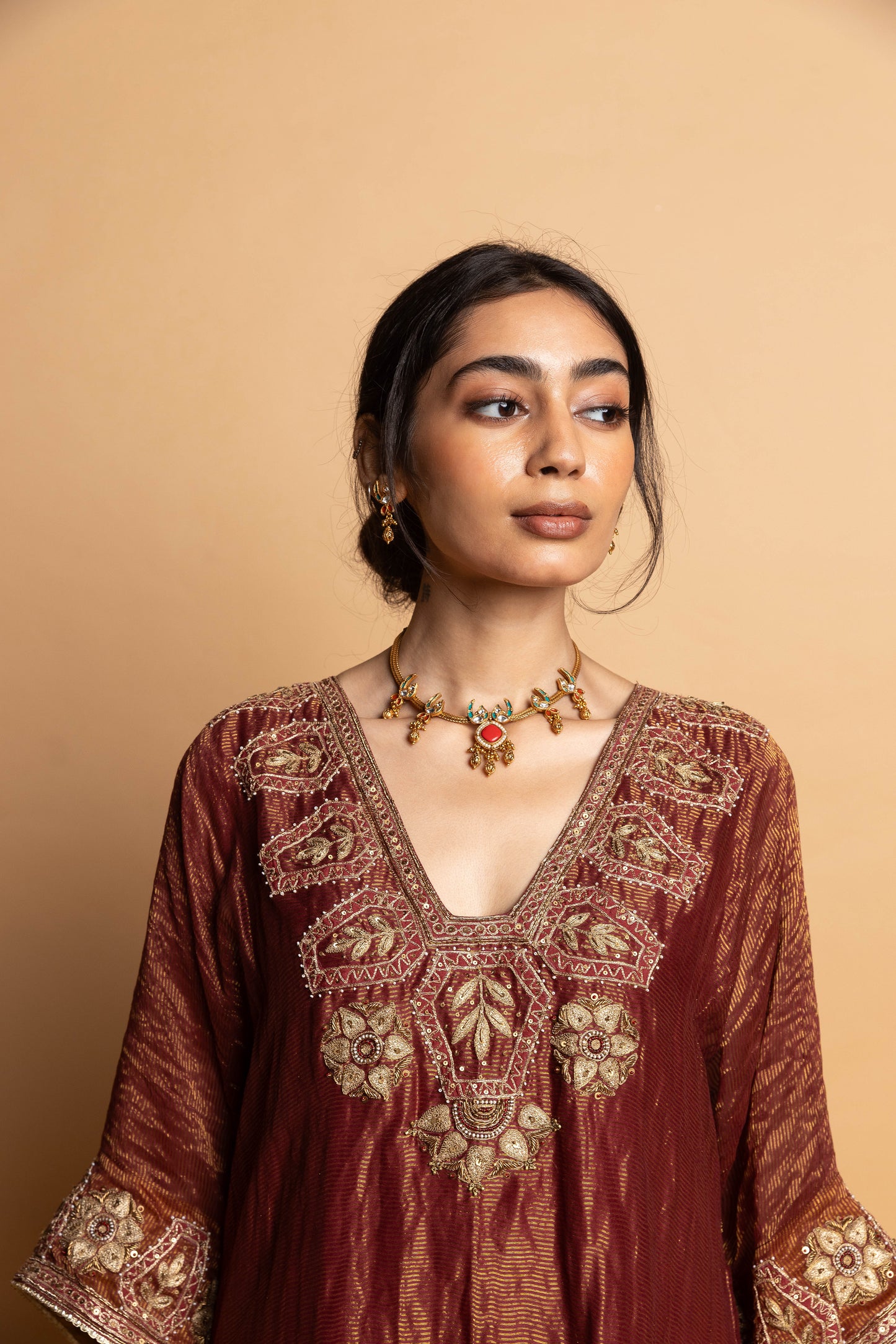 Shama-e-Awadh embroidered kaftan set- Maroon