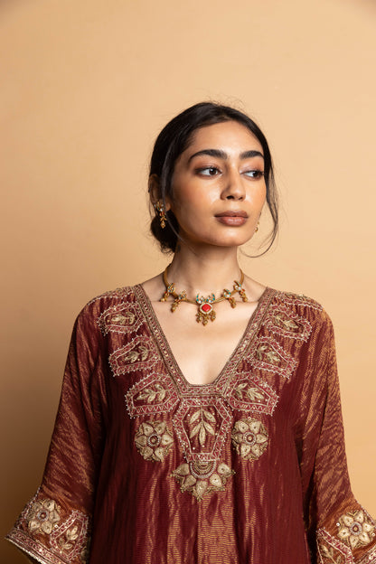 Shama-e-Awadh embroidered kaftan set- Maroon