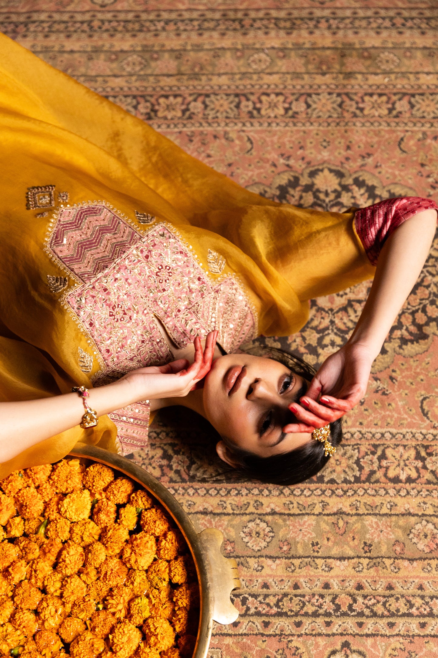 Ratnaanini embroidered kaftan set- Mustard