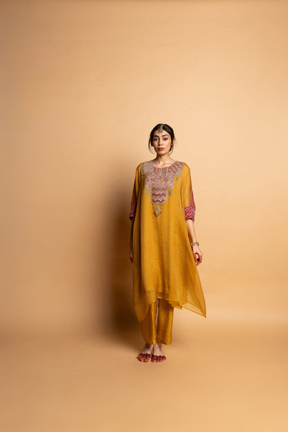 Ratnaanini embroidered kaftan set- Mustard