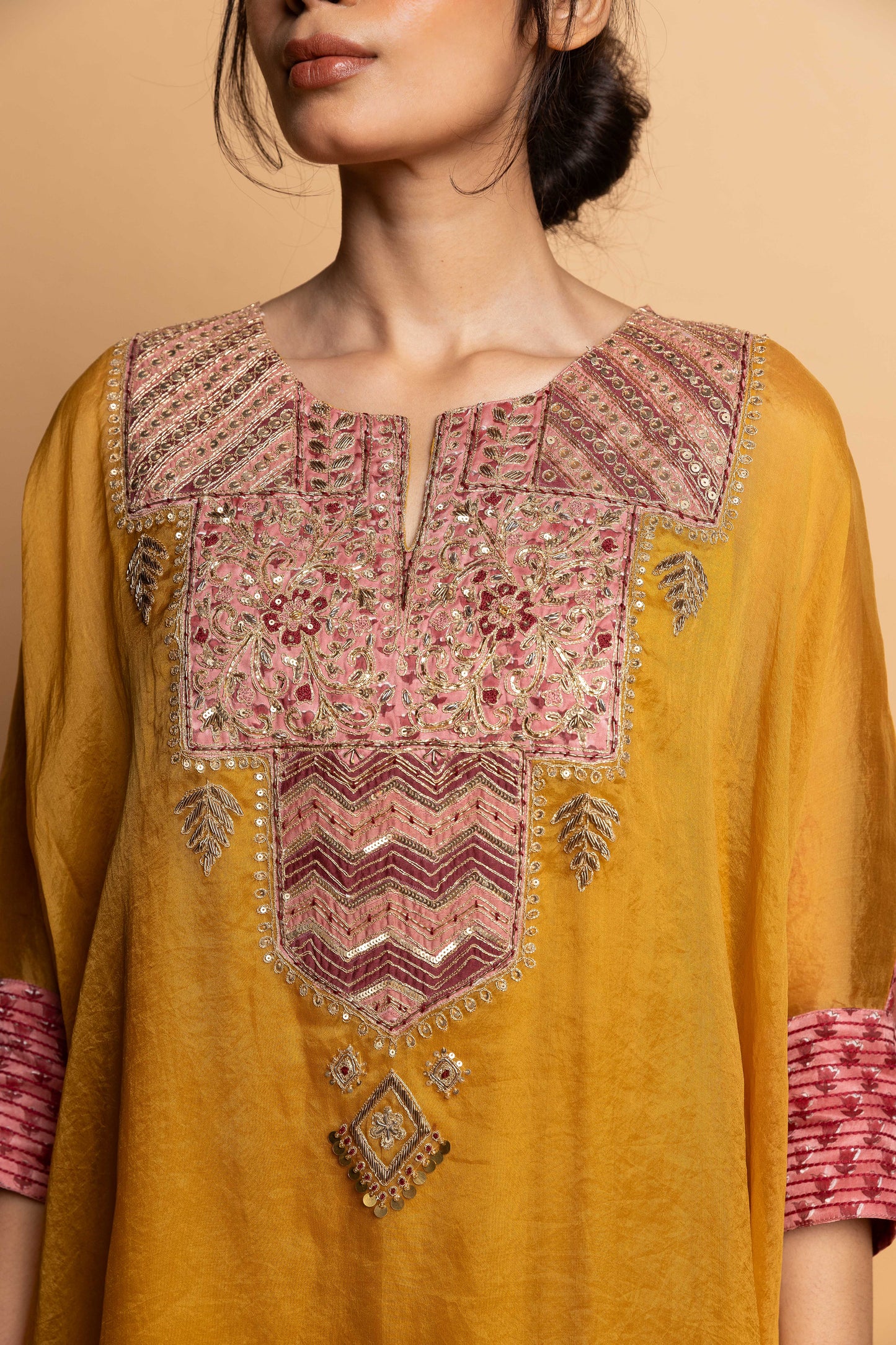Ratnaanini embroidered kaftan set- Mustard