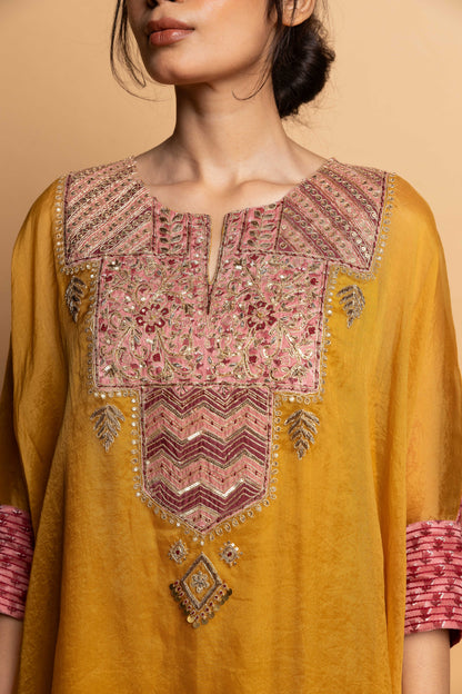 Ratnaanini embroidered kaftan set- Mustard