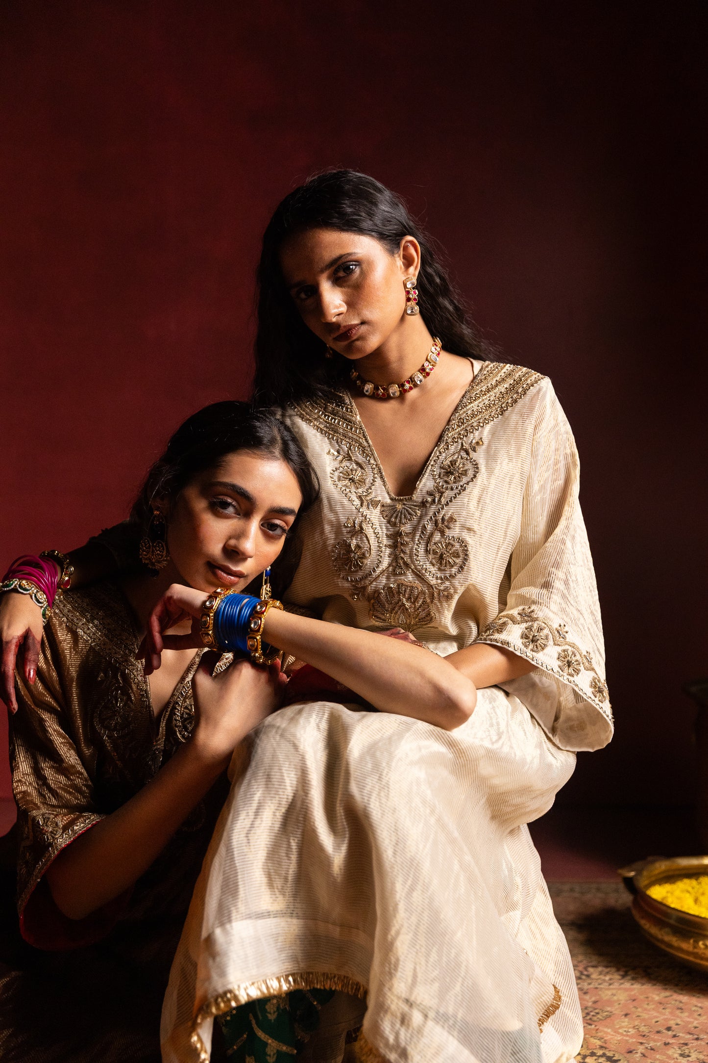 Nazakat embroidered kaftan set- Off white