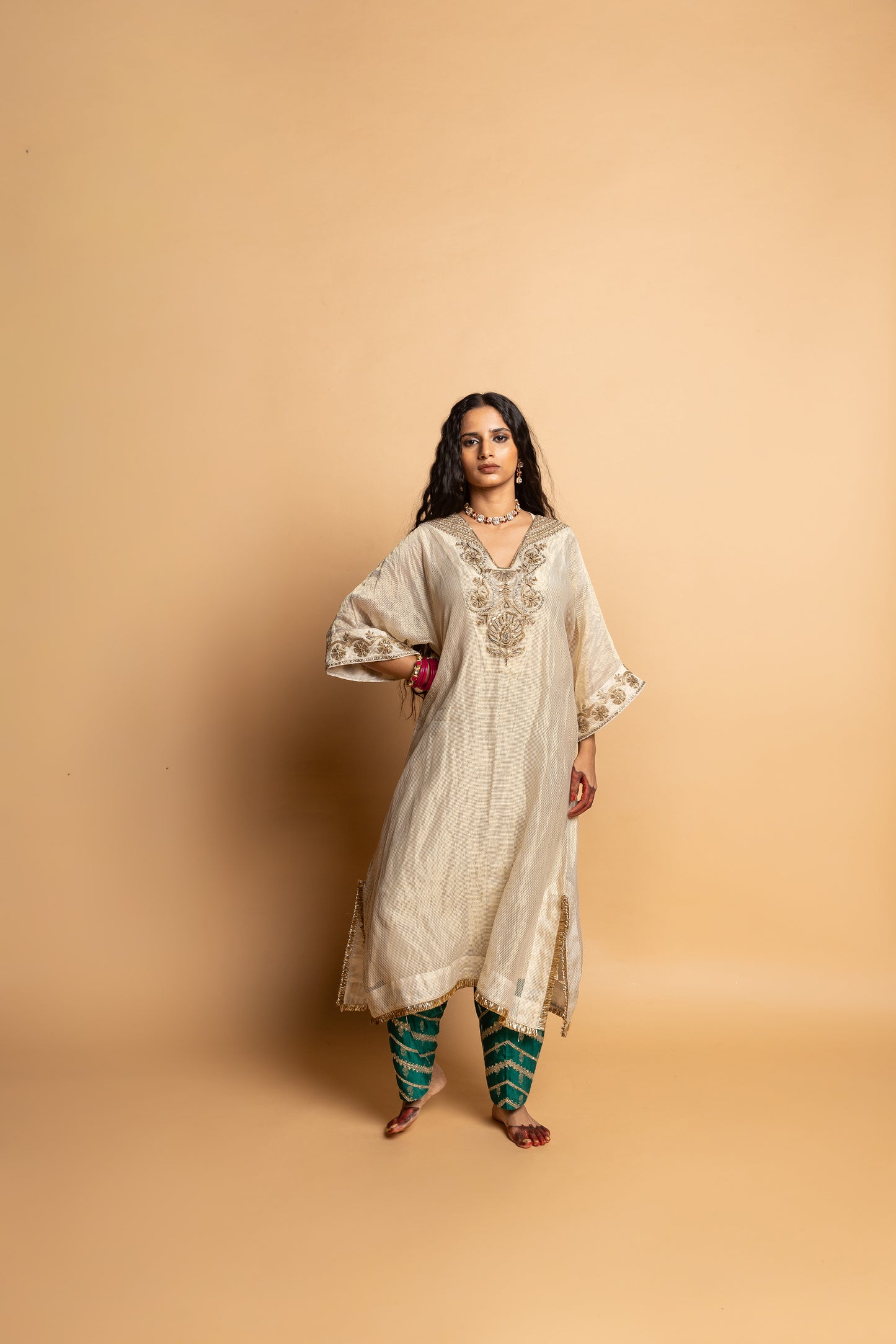 Nazakat embroidered kaftan set- Off white