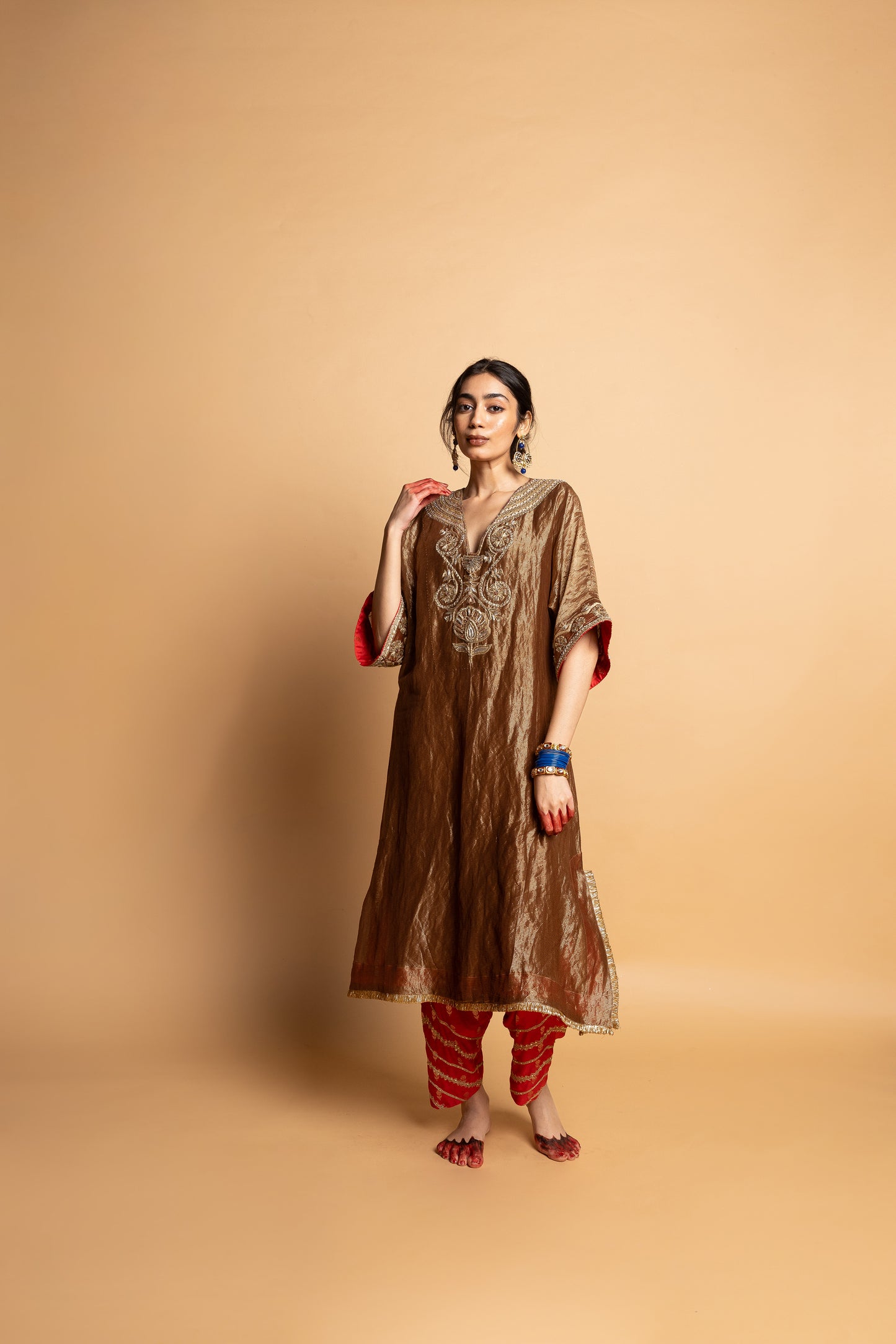Nazakat embroidered kaftan set- Brown