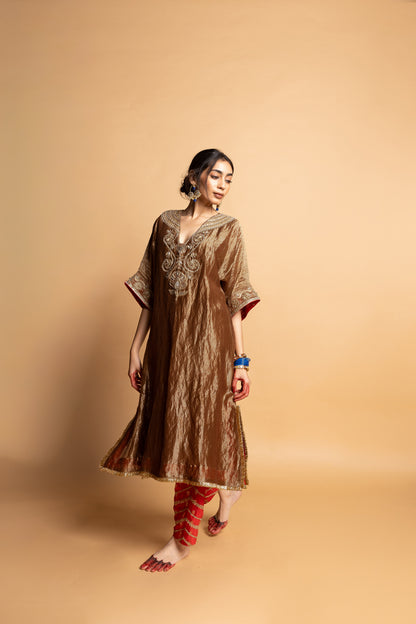 Nazakat embroidered kaftan set- Brown