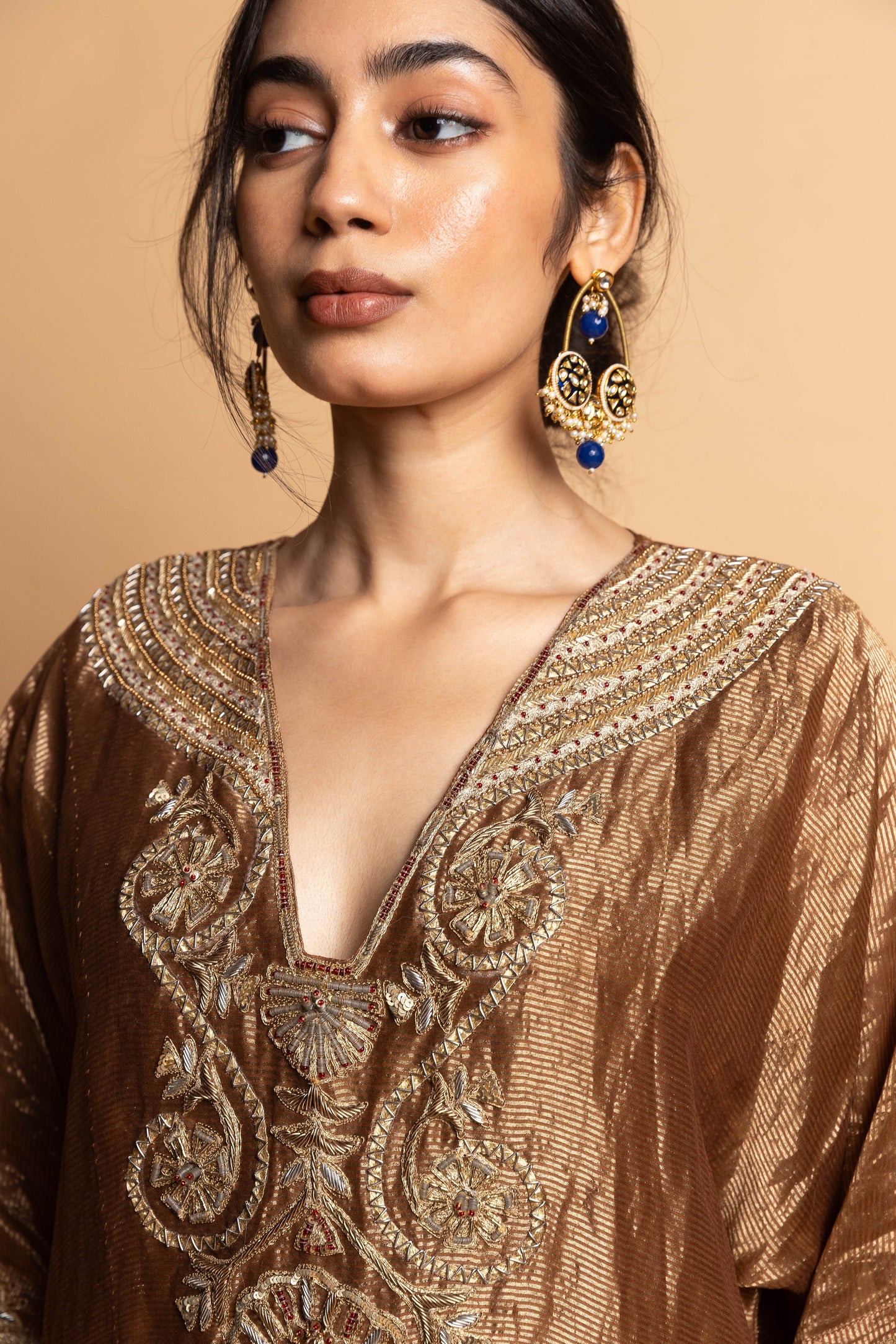 Nazakat embroidered kaftan set- Brown