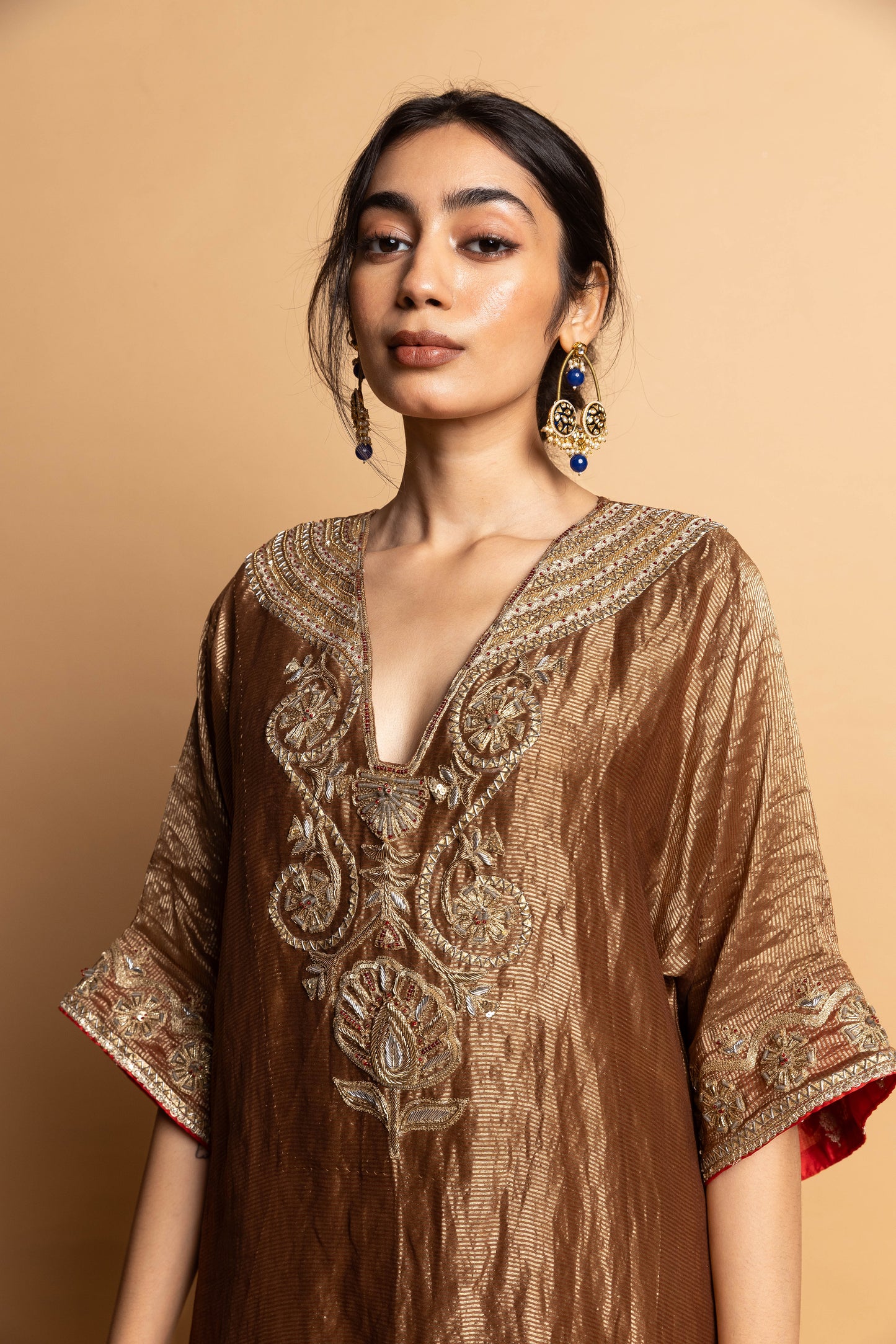 Nazakat embroidered kaftan set- Brown