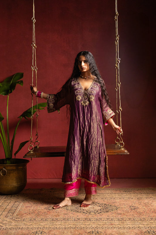 Shama-e-Awadh embroidered kaftan set- Purple