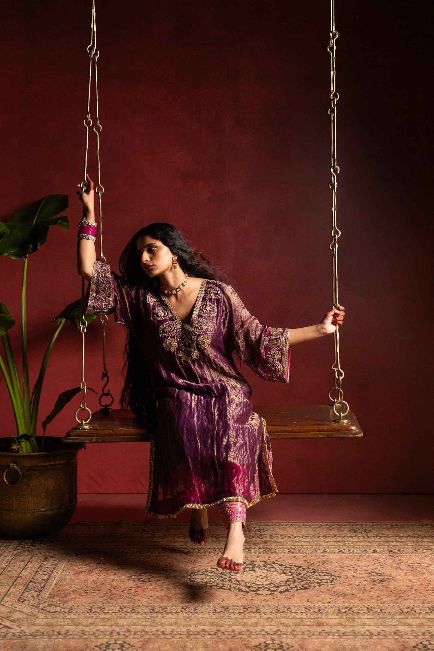 Shama-e-Awadh embroidered kaftan- Purple