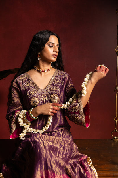 Shama-e-Awadh embroidered kaftan set- Purple