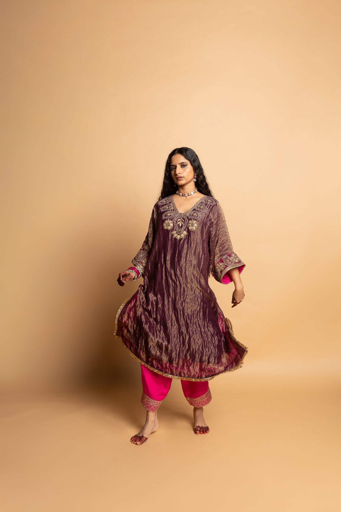Shama-e-Awadh embroidered kaftan set- Purple