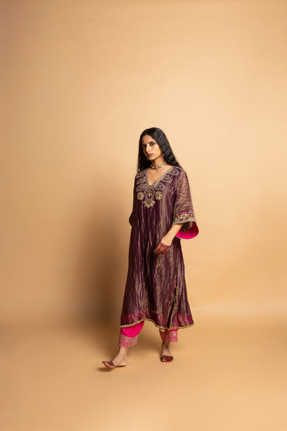 Shama-e-Awadh embroidered kaftan set- Purple