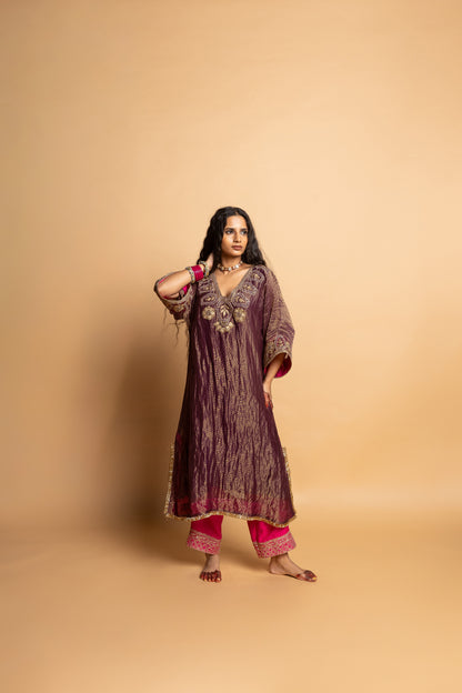 Shama-e-Awadh embroidered kaftan set- Purple