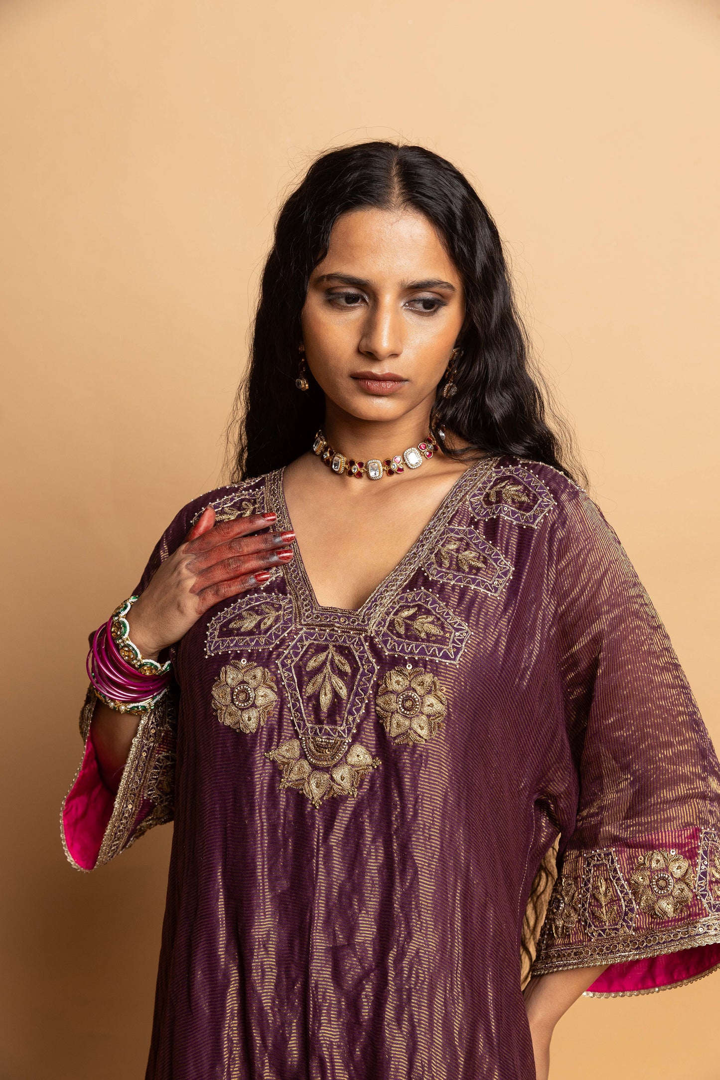 Shama-e-Awadh embroidered kaftan set- Purple