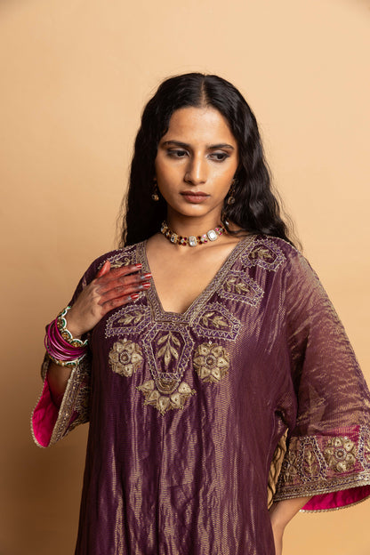 Shama-e-Awadh embroidered kaftan set- Purple