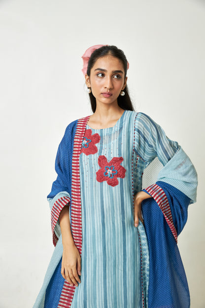 Azure Drift Block printed  kurta set- Set of 3