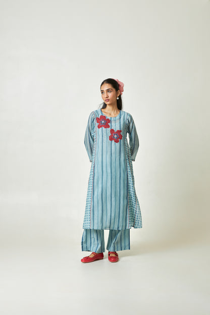 Azure Drift Block printed  kurta set- Set of 3