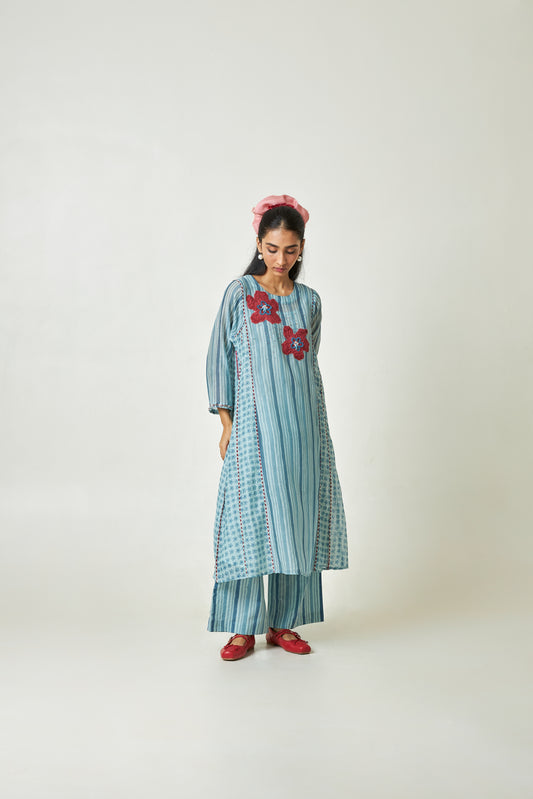 Azure Drift Block printed  kurta