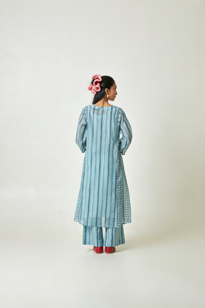 Azure Drift Block printed  kurta set- Set of 3