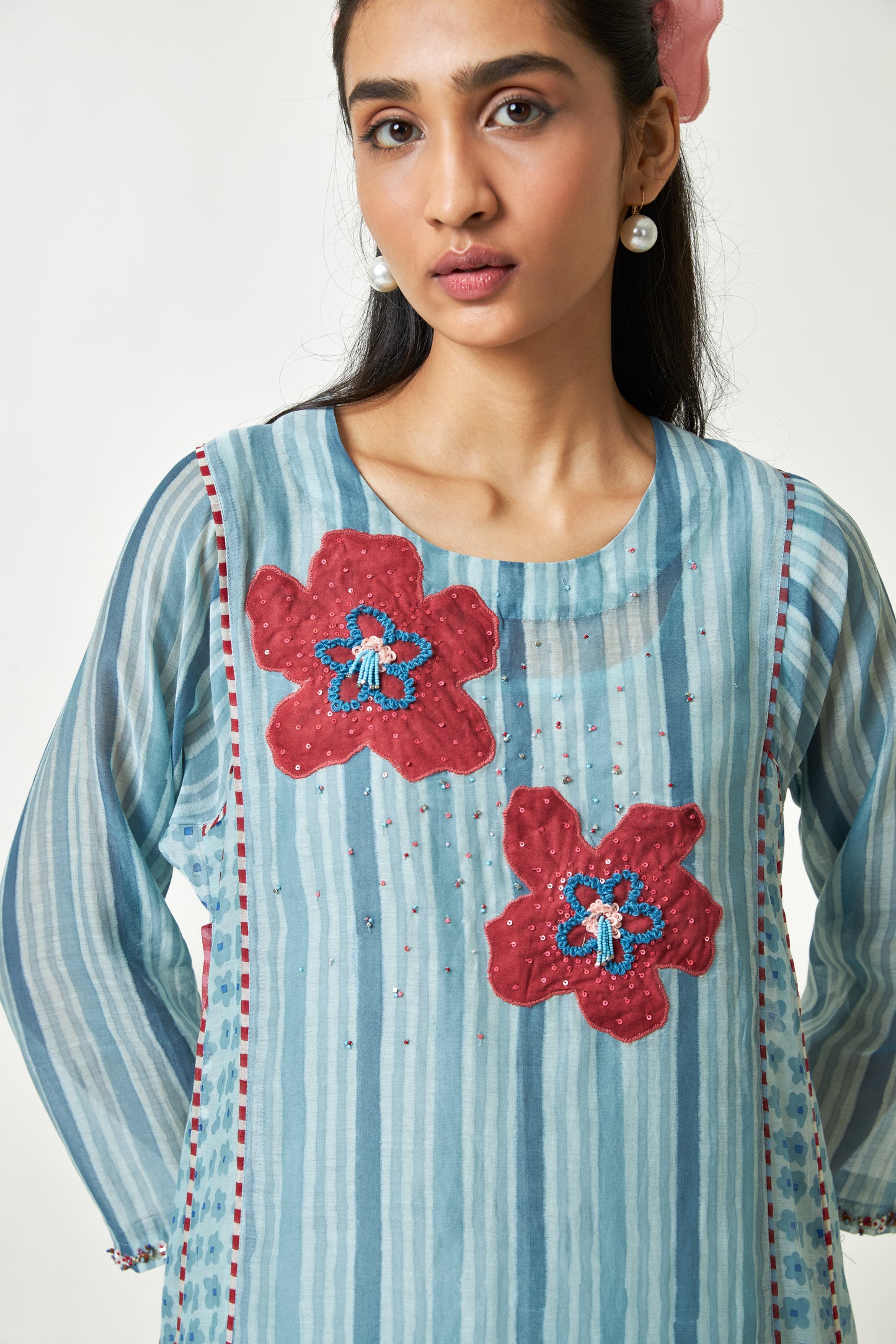 Azure Drift Block printed  kurta set- Set of 3