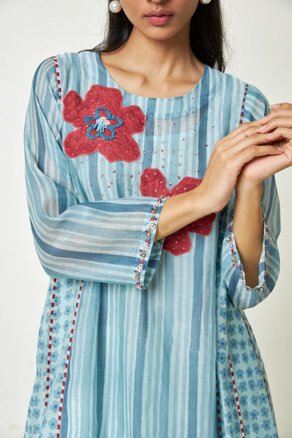 Azure Drift Block printed  kurta set- Set of 3