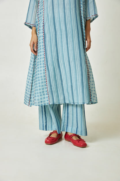 Azure Drift Block printed  kurta set- Set of 3