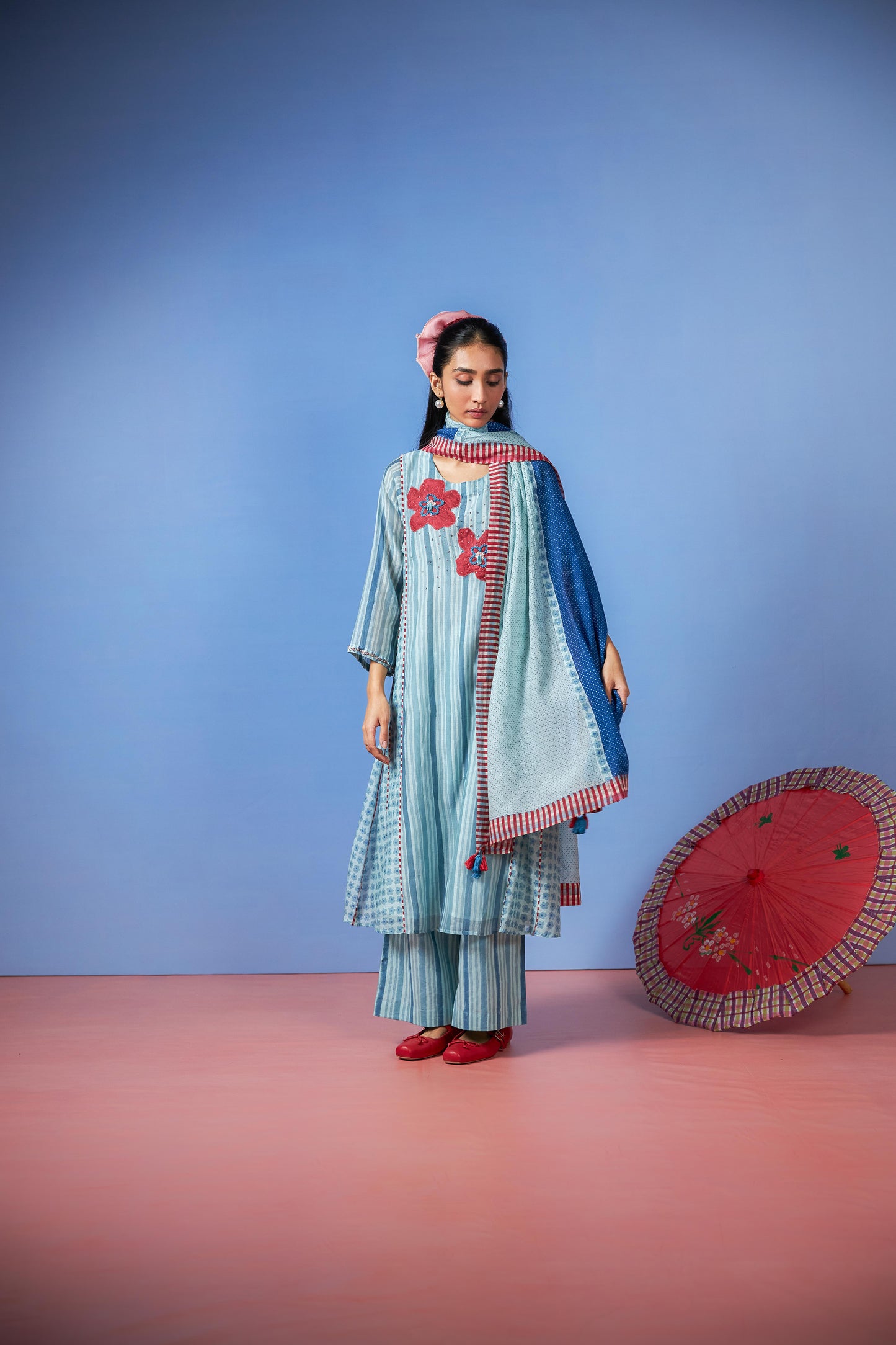Azure Drift Block printed  kurta set- Set of 3