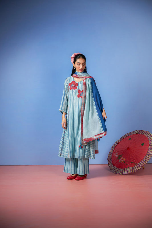 Azure Drift Block printed  kurta set- Set of 3
