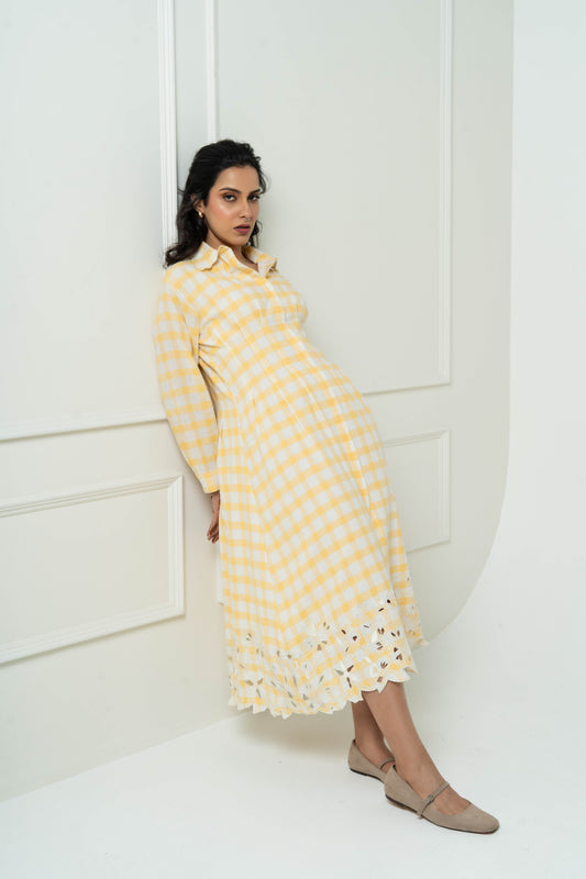 Yellow And White Hand Woven Cotton Embroidered Dress (Ready to Ship)