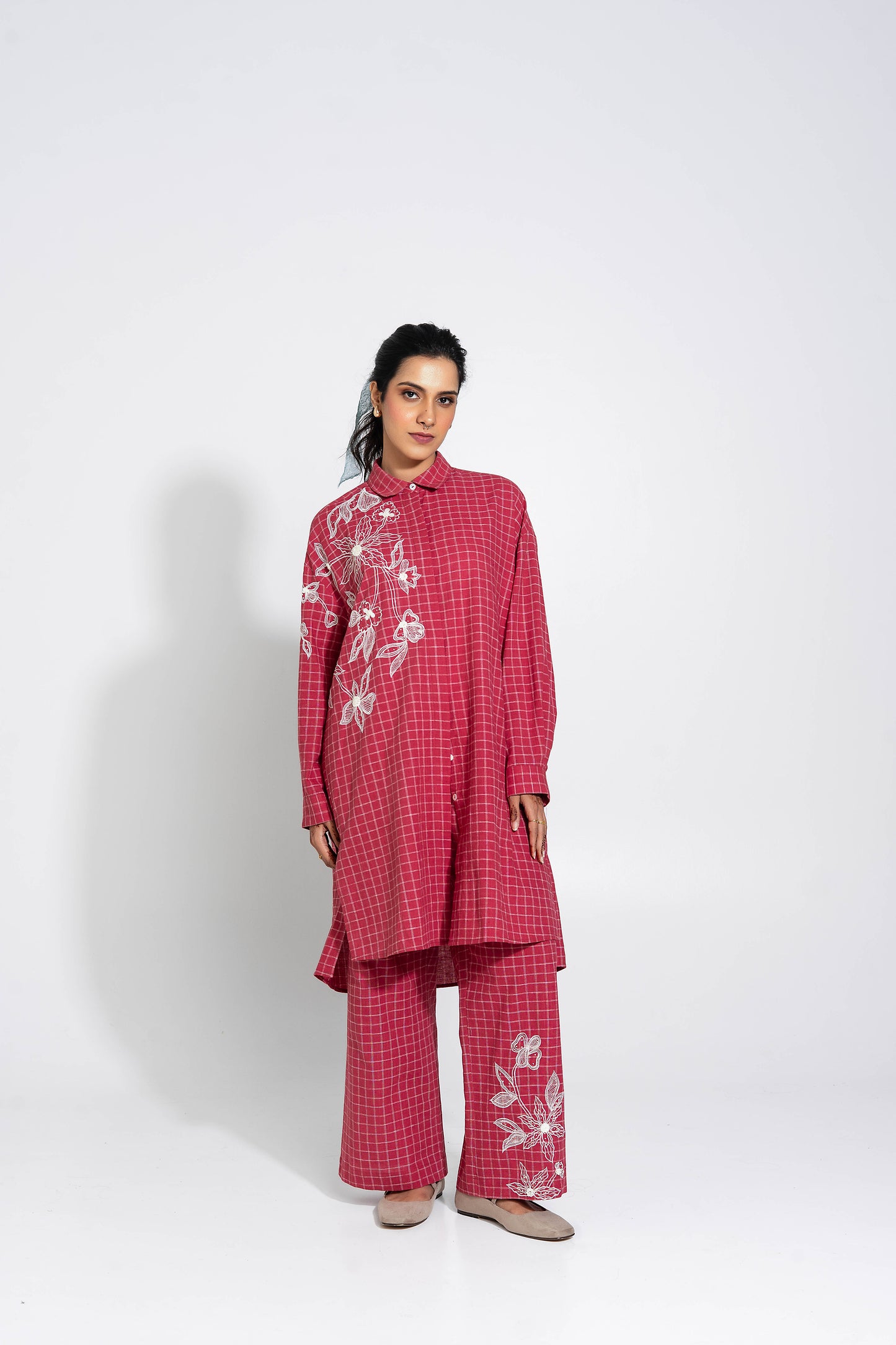 Red And White Hand Woven Cotton Embroidered Tunic