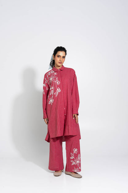Red And White Hand Woven Cotton Embroidered Tunic