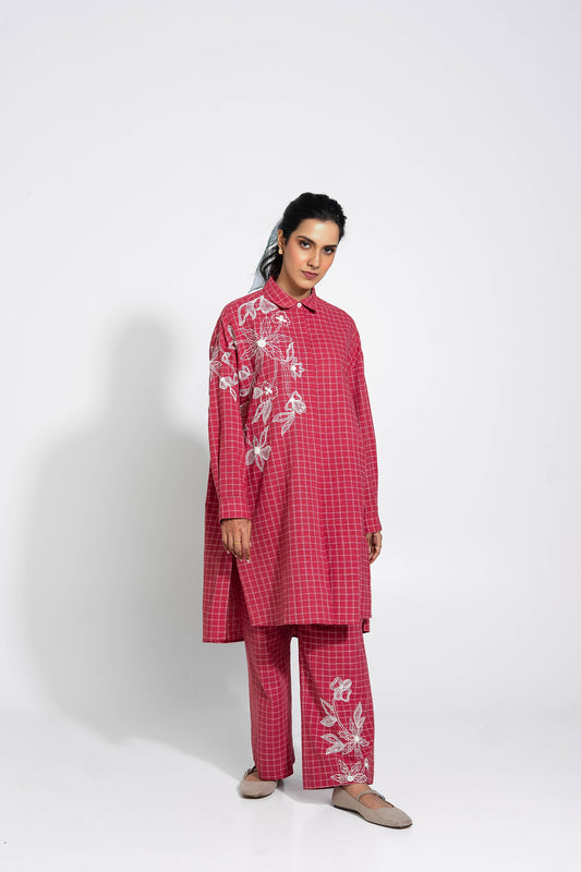 Red And White Hand Woven Cotton Embroidered Set