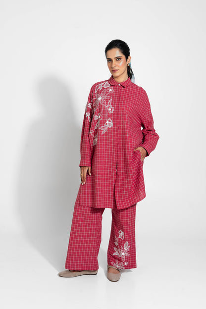 Red And White Hand Woven Cotton Embroidered Tunic