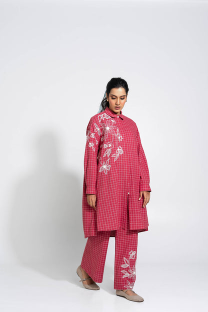 Red And White Hand Woven Cotton Embroidered Tunic