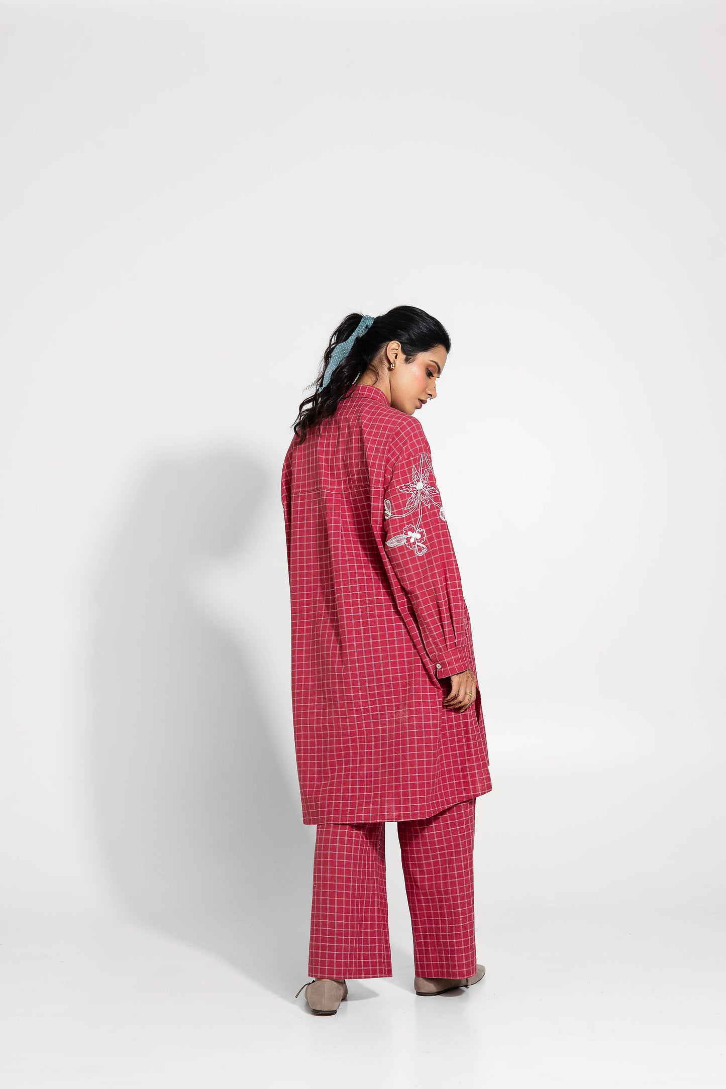 Red And White Hand Woven Cotton Embroidered Tunic