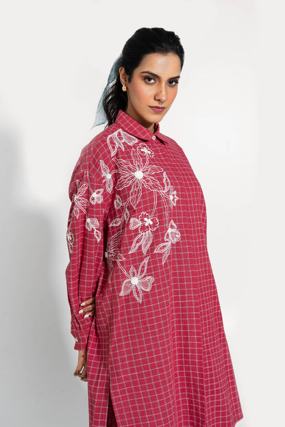 Red And White Hand Woven Cotton Embroidered Tunic