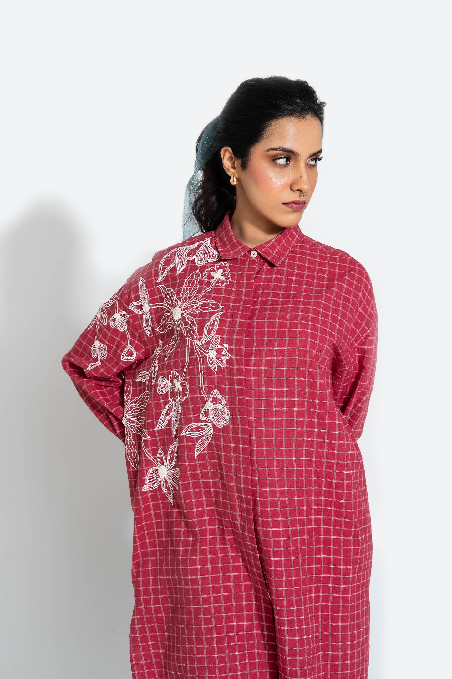 Red And White Hand Woven Cotton Embroidered Tunic