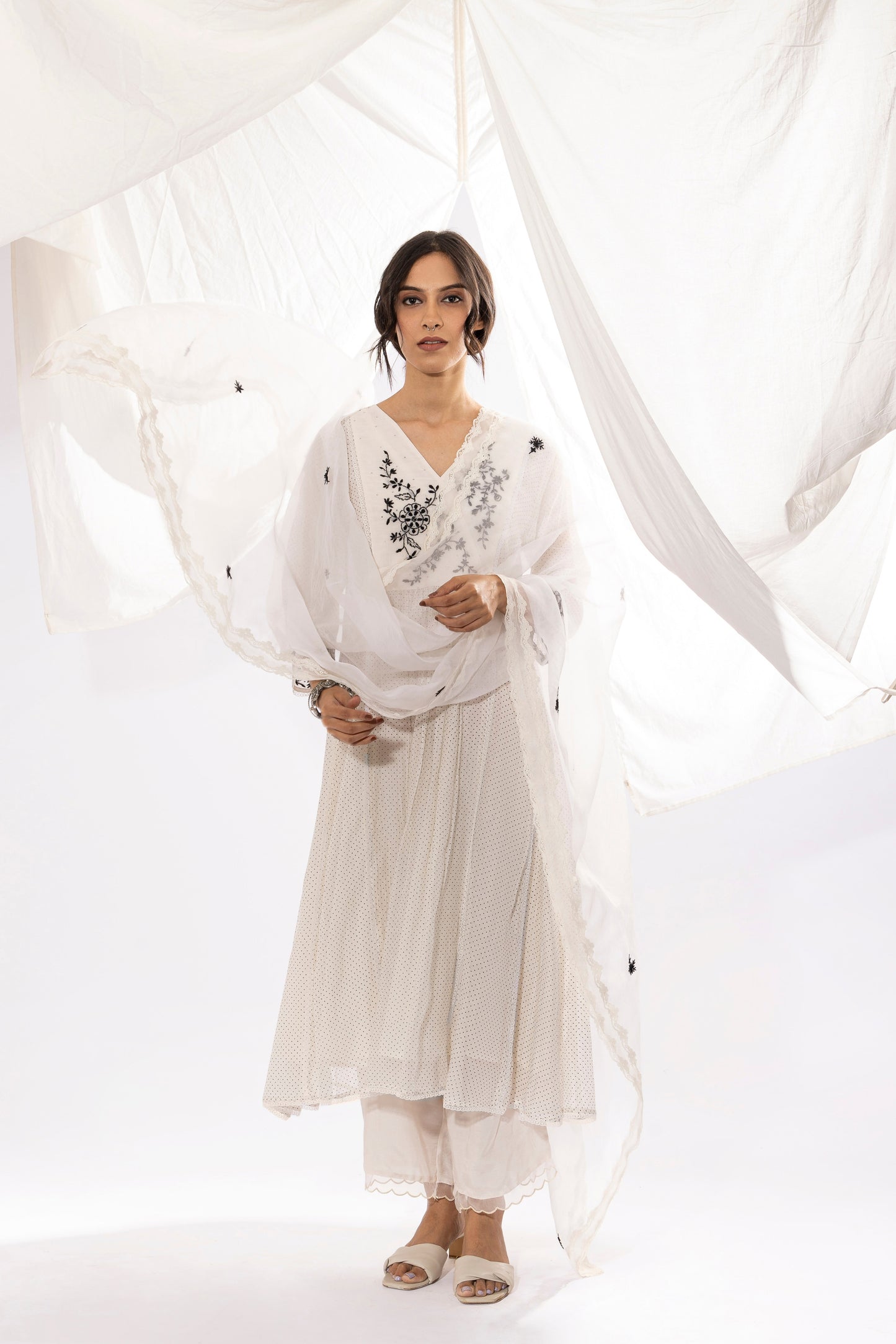 Black And White Polka Dot Chikankari Kurta Set